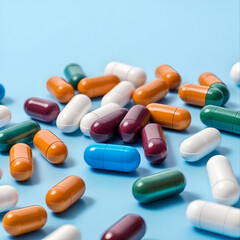 concept of healthcare and medicine. medicines are multicolored capsules on a blue background. the