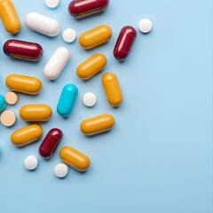 medicines are multicolored capsules on a blue background. the concept of healthcare and medicine