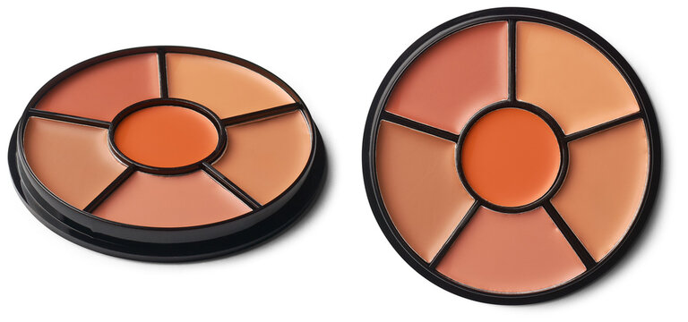 round shaped concealer palette, compact and sleek design contain a range of concealer shades for skin concerns like blemishes, dark circles and redness, isolated on white background