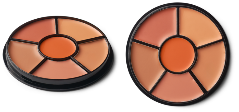 round shaped concealer palette, compact and sleek design contain a range of concealer shades for skin concerns like blemishes, dark circles and redness, isolated on white background