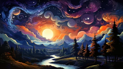 Foto op Canvas Milky Way Arc Stars Night Sky, Background Banner HD, Illustrations , Cartoon style © Alex Cuong