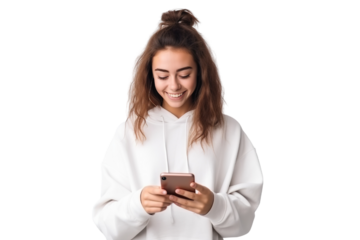 Young girl holding smartphone. Smiling. student clothes. white background PNG