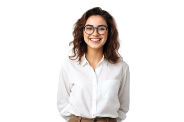 Cinematic scene.Young girl with eyeglasses. Smiling. student clothes. white background PNG