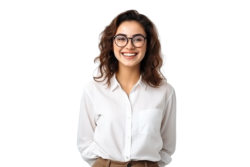 Cinematic scene.Young girl with eyeglasses. Smiling. student clothes. white background PNG