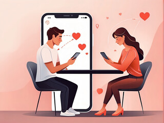 illustration of a man and woman using a dating app and finding love. Long-distance relationship concept - obrazy, fototapety, plakaty