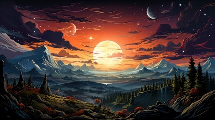 Obraz premium Milky Way Over Mountains, Background Banner HD, Illustrations , Cartoon style
