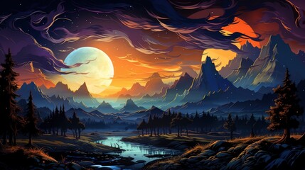 Milky Way Over Mountains, Background Banner HD, Illustrations , Cartoon style