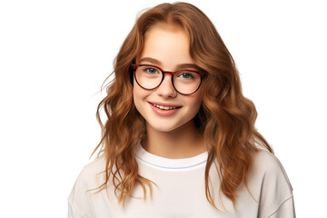 Fototapeta premium Cinematic scene.Young girl with eyeglasses. Smiling. student clothes. white background PNG