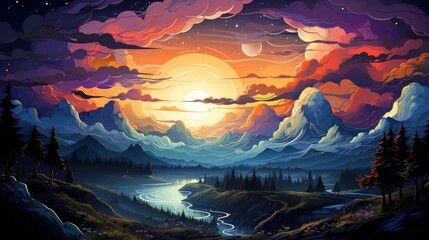 Milky Way Over Mountains, Background Banner HD, Illustrations , Cartoon style