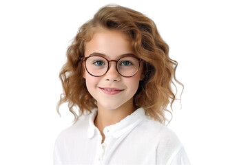 Obraz premium Cinematic scene.Young girl with eyeglasses. Smiling. student clothes. white background PNG