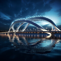 Modern bridge with lights reflecting in rippling water below