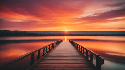 Fototapeta premium colorful sunset over a lake with a bridge. generative AI