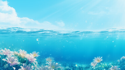 Fototapeta na wymiar Underwater Oasis with Sunlight and Flowers, Perfect for Themes of Nature and Serenity