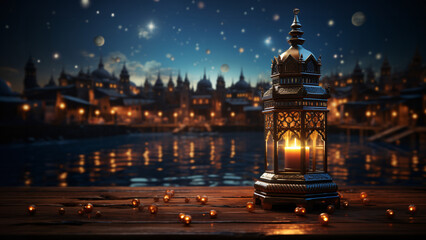 Fototapeta na wymiar An elegant Arabic lantern illuminated by a flickering flame at night. A festive greeting card and invitation for the Muslim holy month of Ramadan Kareem.