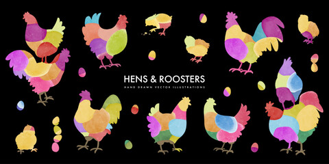 Set of hand drawn cute cartoon watercolor hens and roosters isolated on black background. Colorful silhouette chicken collection. Farm bird. Vector illustration - obrazy, fototapety, plakaty