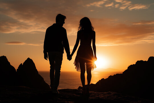 Romantic Couple Silhouette at Sunset, Ideal for Relationship Themes, Postcards