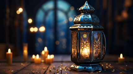 An elegant Arabic lantern illuminated by a flickering flame at night. A festive greeting card and invitation for the Muslim holy month of Ramadan Kareem.