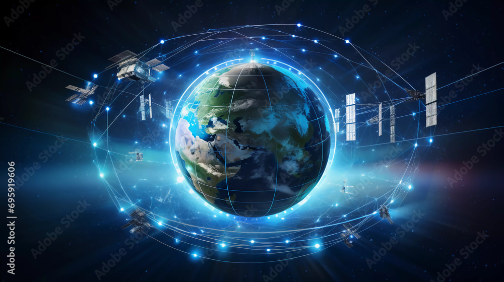 Poster telecom communication satellite orbiting around the globe earth with futuristic technology datum hol