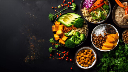 Vegan buddha bowl with sweet potato, quinoa, chickpeas, soybeans edamame, tofu, corn, cabbage, radish, broccoli and seeds, black table background, top view. Autumn or winter healthy vegetarian food - obrazy, fototapety, plakaty