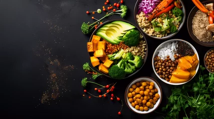 Fotobehang Vegan buddha bowl with sweet potato, quinoa, chickpeas, soybeans edamame, tofu, corn, cabbage, radish, broccoli and seeds, black table background, top view. Autumn or winter healthy vegetarian food © Johannes