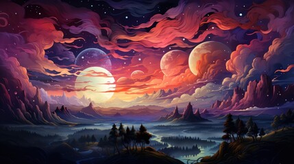 Night Sky Clouds Fullly Star, Background Banner HD, Illustrations , Cartoon style