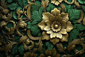 Golden and green ornate pattern and abstract flowers