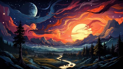 Night Sky Milky Way Stars Road, Background Banner HD, Illustrations , Cartoon style