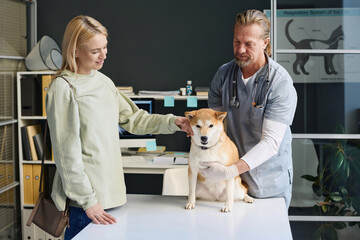 Vet doctor examining dog patient while pet owner stroking it