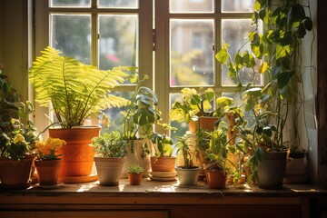 Windowsill home plants cute house wooden potted flowers green cottage sunny day sun light summer spring gardening indoor floral decoration