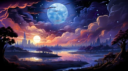 Foto op Plexiglas Night Sky Stars Clouds Shot, Background Banner HD, Illustrations , Cartoon style © Alex Cuong