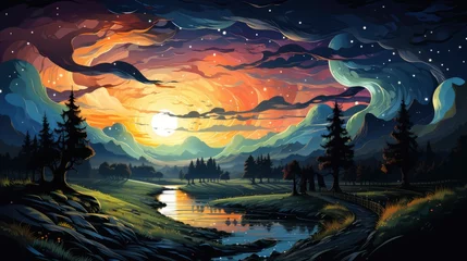 Gordijnen Nightly Sky Large Moo, Background Banner HD, Illustrations , Cartoon style © Alex Cuong