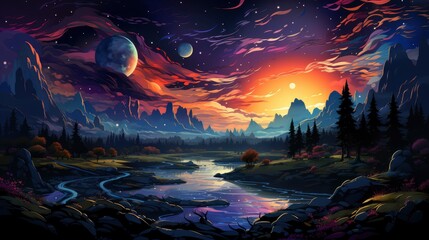 Obraz premium Nightsky Showing Lights Milkyway, Background Banner HD, Illustrations , Cartoon style