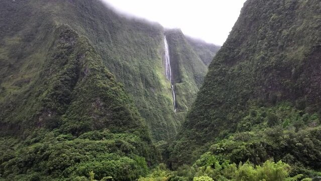 White Waterfall of the Cirque of Salazie on Reunion Island drone view