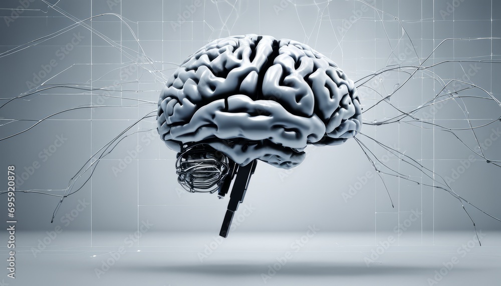 Poster a 3d rendering of a brain with a metal object in the center