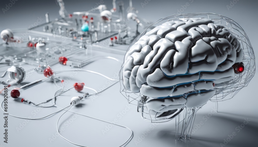 Poster a 3d model of a brain with wires and gears