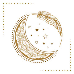 Golden crescent moon boho style illustration. Ethnic style vector graphic.