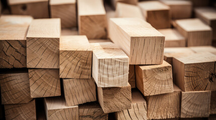 Close-up of Wooden boards, lumber, industrial wood billets, timber planks. Natural texture of Pine wood timber, background of building materials.