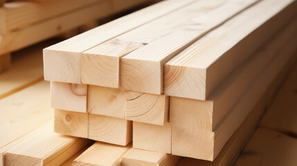 Close-up of Wooden hinoki boards, lumber, industrial wood billets, timber planks. Natural texture of Pine wood timber, background of building materials.