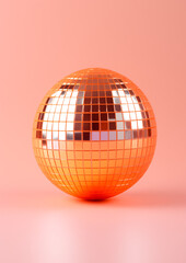 Bog juicy orange with disco ball reflection. Pastel color background. Entertainment surreal idea