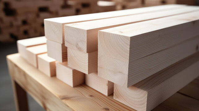 Close-up of Wooden hinoki boards, lumber, industrial wood billets, timber planks. Natural texture of Pine wood timber, background of building materials.