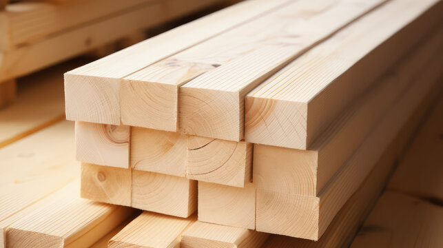 Close-up of Wooden hinoki boards, lumber, industrial wood billets, timber planks. Natural texture of Pine wood timber, background of building materials.