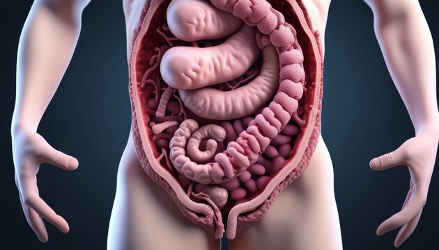 A 3D model of a human body with a large stomach