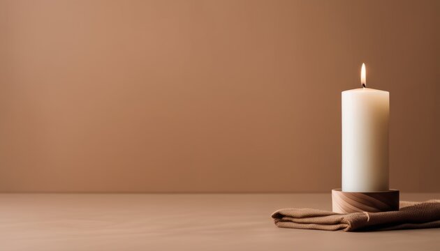 A white candle on a wooden table