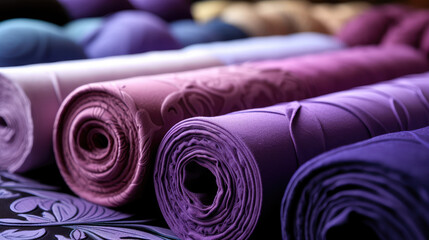 Fabric rolls in purple violet color, closeup of fabric rolls for sewing, atelier and handmade....