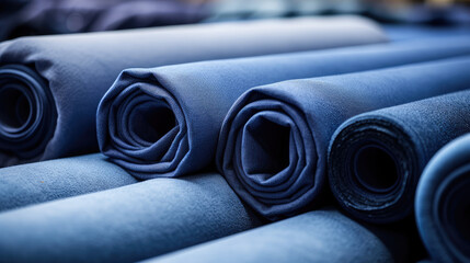 Fabric rolls in blue color, closeup of fabric rolls for sewing, atelier and handmade. Background for fabric store, accessories for sewing. - Powered by Adobe