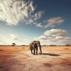 Lone elephant crossing a vast African savannah