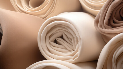 Fabric rolls in beige color, closeup of fabric rolls for sewing, atelier and handmade. Background for fabric store, accessories for sewing. - obrazy, fototapety, plakaty