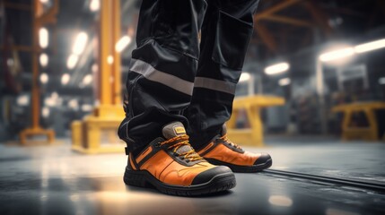 Factory worker wearing safety shoe and working uniform is standing in the factory, ready for working in danger workplace, Safety equipment concept. - Powered by Adobe