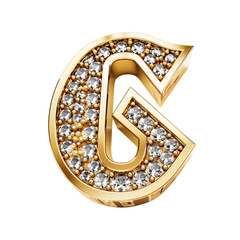 Realistic gold jewelry letter G embedded with diamonds isolated background