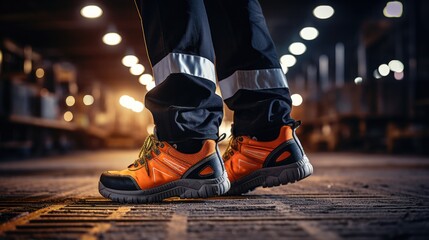 Factory worker wearing safety shoe and working uniform is standing in the factory, ready for working in danger workplace, Safety equipment concept.